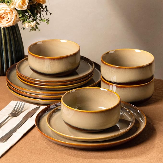 Ceramic Dinnerware Set for 4, 12-Piece Plates and Bowls Set | Handmade Reactive by TheTerra