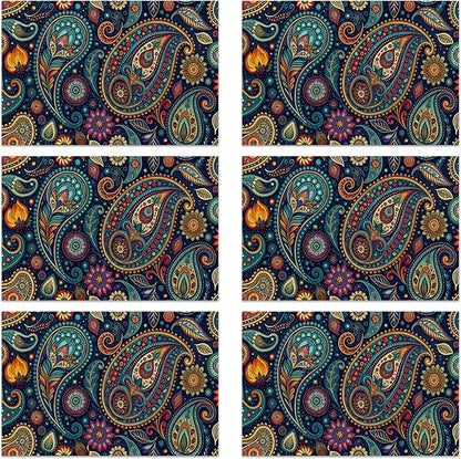 Table Placemats Set of 6 Indian Vintage Paisley Pattern Blue Place Mats Washable Kitchen Dining Linen Table Mats Stain Heat, for Home Party Indoor 12x18 in