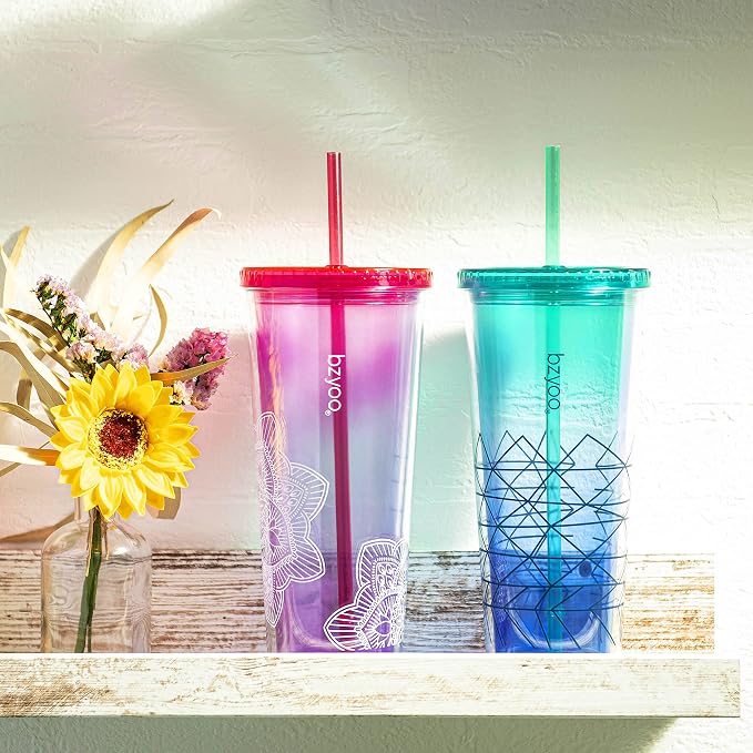 bzyoo 24oz Plastic Tumbler Cup, Lid & Straw, Iced Coffee, Mandala Pink - Image 9