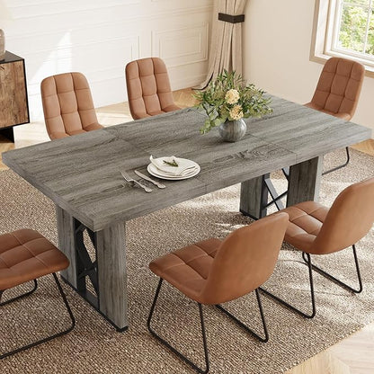 7-Piece Dining Table Set for 6 People, 70.8" MDF Kitchen Table with 6 Upholstered Chairs, Space-Saving for Dining Room, Breakfast Nook(Grey Table+6 Brown Chairs)