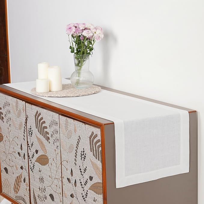 D'Moksha Homes Linen White Table Runner 90 Inches Long - 100% Pure Linen 14 x 90 Inch Table Runner for Dining, Valentines, Spring, Easter - Machine Washable