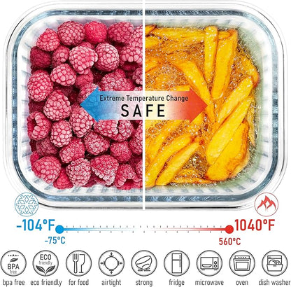 Ribbed Glass Tupperware Set with Bamboo Lids - 4 Stackable Meal Prep Containers. Durable heat resistant Inert Borosilicate Glass