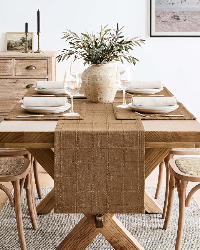 Linen Checked Farmhouse Table Runner, 13x90 Inches Roasted Brown | Raised Grid - Image 2