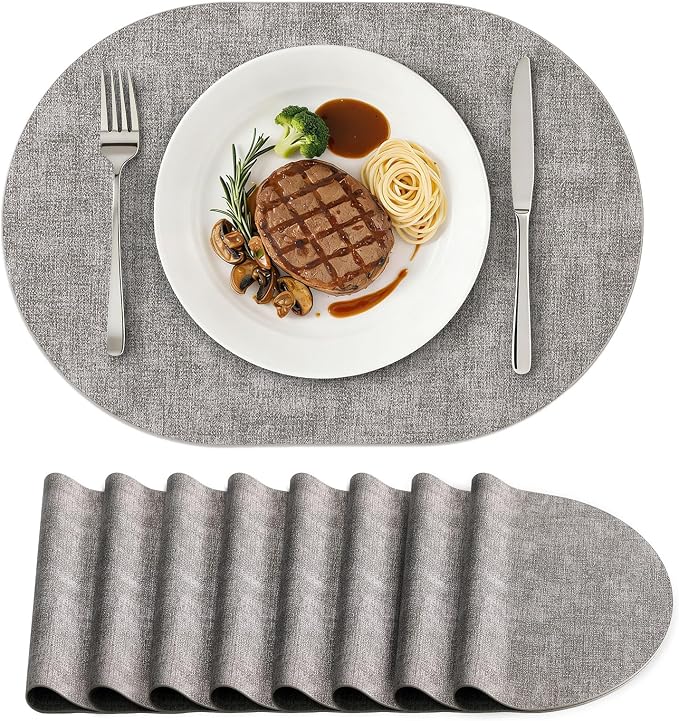Placemats Set of 8, 11.8 x 17 Inch, Light Grey | Heat Resistant Oval Faux by homing