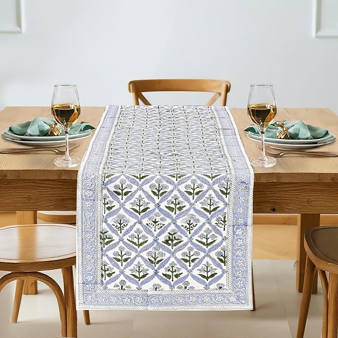 Light Steel Blue Hand Block Print 100% Cotton Table Runner 16x106 in | Perfect by Ridhi
