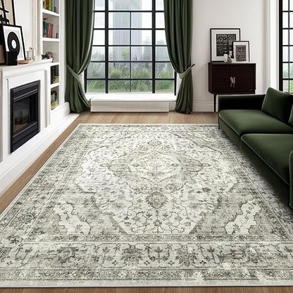 Deerly Washable Rugs 8x10 Area Rug Large Rugs for Living Room - Boho Large Vintage Non-Slip Distressed Carpet Aesthetic Print Floor Rug Cream