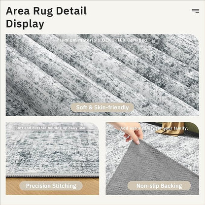 9x12 Area Rugs for Living Room, Non Slip Machine Washable Vintage Rugs, Low Pile Lightweight Large Rug for Bedroom, Dining Room, Home Office Grey