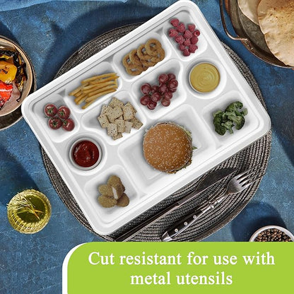 three leaf 11 Compartment Bagasse Rectangular Plate, 25 Ct. PFAS-Free, Heavy Duty, Sugarcane Fiber, Eco Friendly Disposable, 100% Biodegradable, Microwave and Freezer Safe, Ideal for Lunch, Buffet