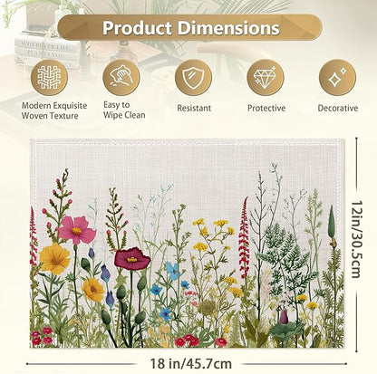 Set of 6 Washable Herbs and Wild Flowers Placemats Non-Slip Heat-Resistant 12x18 Inch Thick Decorative Linen Table Mats for Dining Table Home Décor