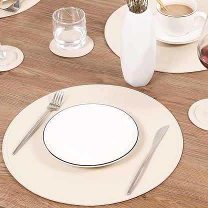 Set of 6 Faux Leather Round Placemats and Coasters, Coffee Mats Kitchen Table Mats, Waterproof, Easy to Clean for Kitchen Dining Round Table