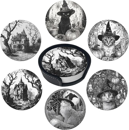 Halloween Cat Coasters Leather Round Drink Coasters 6 Pcs Set with Holderor for Cup Drink Coffee Table Bar Home Decor