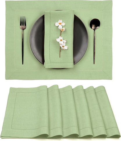 D'Moksha Homes Sage Green Linen Cloth Placemats Set of 6-100% Pure Linen Hemstitch Placemats 14 x 19 Inch - Classic Hemstitch Table Place Mats for St Patricks Day, Easter - Machine Washable