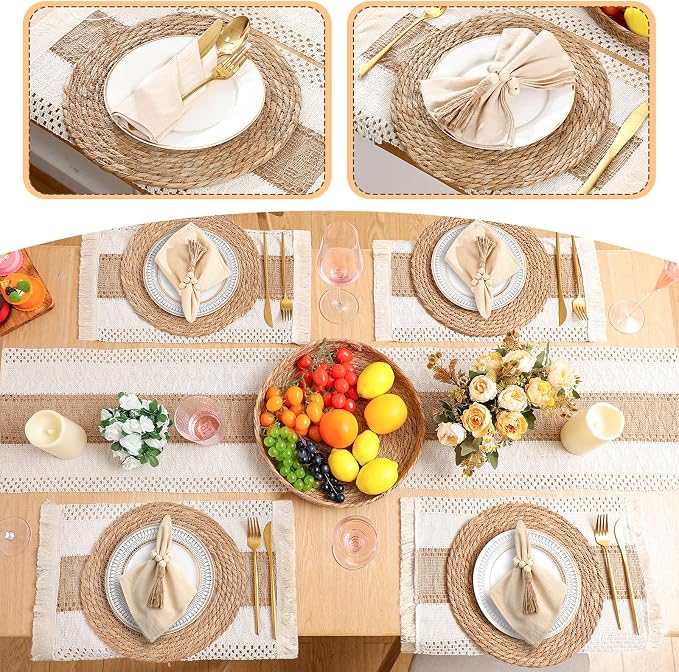 8 Sets Boho Decoration Placemats Round Woven Placemats, Cloth Napkins, Wood - Image 6