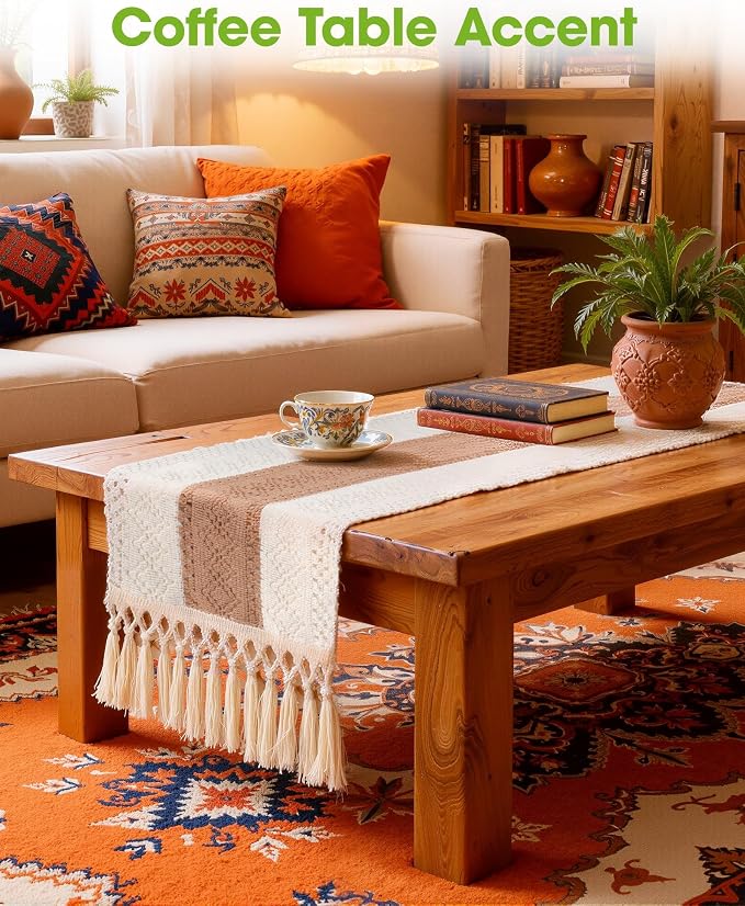 Pureegg Boho Table Runner 12 x 108 Inch, Woven Tassel Design | Dining Table - Image 7