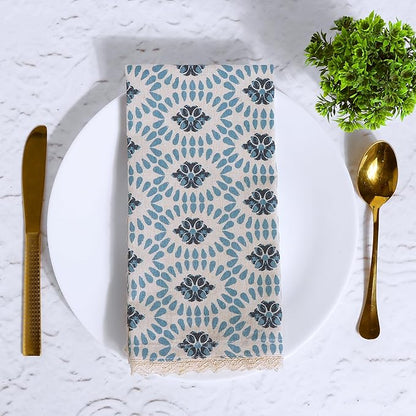 FINGERCRAFT Dinner Cloth Napkin Cotton Linen Blend 12 Pack Mitered Corners with Elegant Lace for Everyday Use Napkins are Pre Shrunk and Good Absorbency (Moroccan, 20in x 20in)
