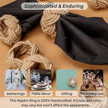 ALPHA Living HOME Round Jute Woven Napkin Rings, Water Hyacinth Easter Napkin Rings Set of 12 Napkins Holder for Elegant Table Decoration, Christmas Table Decor, Wedding Decor (Brown)