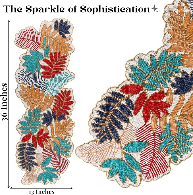 Beaded Table Runner 13x36 in, Leaf Design, Glass Beads | Hand-applied glass - Image 4