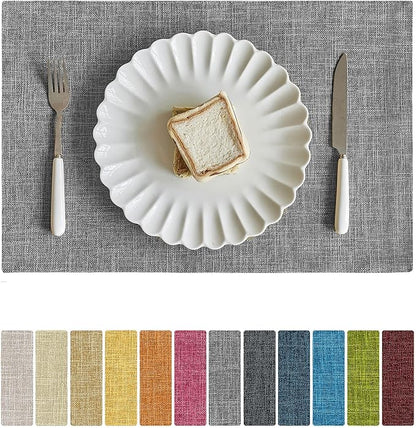Softalker Faux Linen Placemats Set of 6-12 x 18 Inch, Heat Resistant Double Layered Durable Burlap Farmhouse Place Mats, Non-Slip Washable Rustic Table Mats for Dining, Kitchen, Party（Light Grey