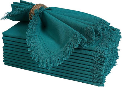 Bedding Craft Cotton Cloth Dinner Napkins Set of 12 – 18x18 Teal with Frayed Selvedge Edges – Machine Washable Reusable Fabric Napkins for Weddings, Baby Showers, Parties & Table Décor