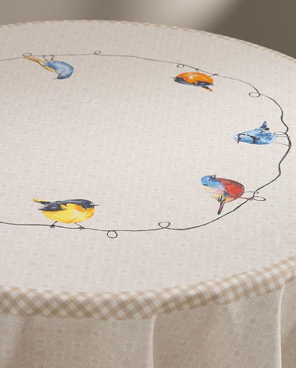 Maison d' Hermine Table Cloth Round Table 100% Cotton 69 Round Inches Tablecloth Reusable Decorative for Dining Room Farmhouse Home Valentines Day Decorations Spring Summer - Birdies on Wire