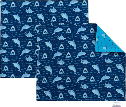 Funkins Reusable Cloth Placemats for Kids & Lunch Boxes | Reusable, Machine Washable, Eco-Friendly | 15"x13", 2-ply, Thick, Absorbent, Durable | Set of 2 Placemats (Sharks)