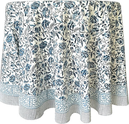 ATOSII Jodhpur Blue 100% Cotton Round Tablecloth, Handblock Print Floral Table Cloth for Kitchen Dining Linen I Parties, Weddings, Outdoors, Christmas I Fall Home Decor 90" Inches Round