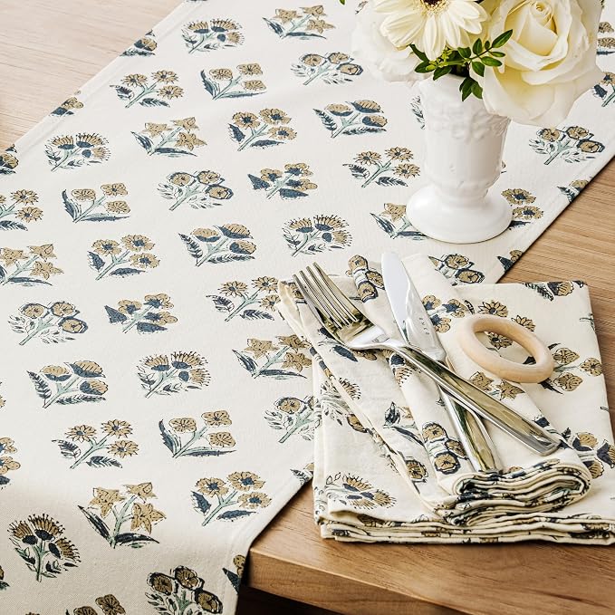 Block Print Floral Decorative Table Runners, 13x60 Inch Latte | 100% Organic - Image 2