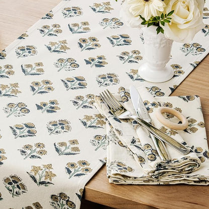 Block Print Floral Decorative Table Runners, 13x48 Inch Latte | 100% Organic - Image 2