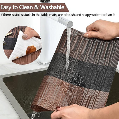 SLKQG Brown Placemats Set of 6 - Easy Clean Modern Durable Washable Vinyl Place Mats - Heat Resistant Placemats for Kitchen Table - PVC Table Mats for Dining Table (Brown Black, 6)