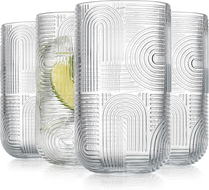 Glaver's Drinking Glasses, Highball Glasses, 17 Ounce Thick Embossed Designed by Glavers