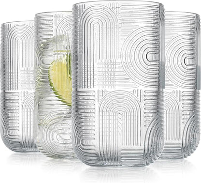 Glaver's Drinking Glasses, Highball Glasses, 17 Ounce Thick Embossed Designed by Glavers