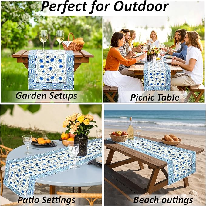 Queen Blue Hand Block Print 100% Cotton Reusable Table Runner 16" X 106" Inches - Image 5