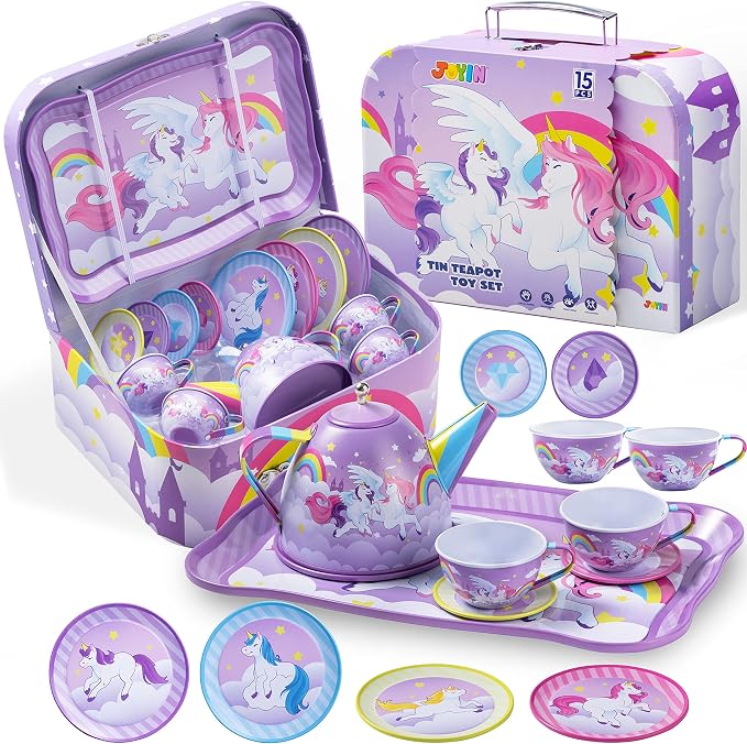 JOYIN Unicorn Tea Party Set for Little Girls, Pretend Purple Tin Teapot Set by JOYIN