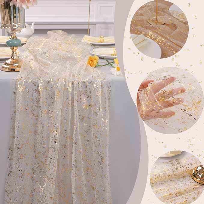 Snowkingdom 10 Pack 10ft Gold Table Runners, Sheer Chiffon Tulle Cheesecloth - Image 3