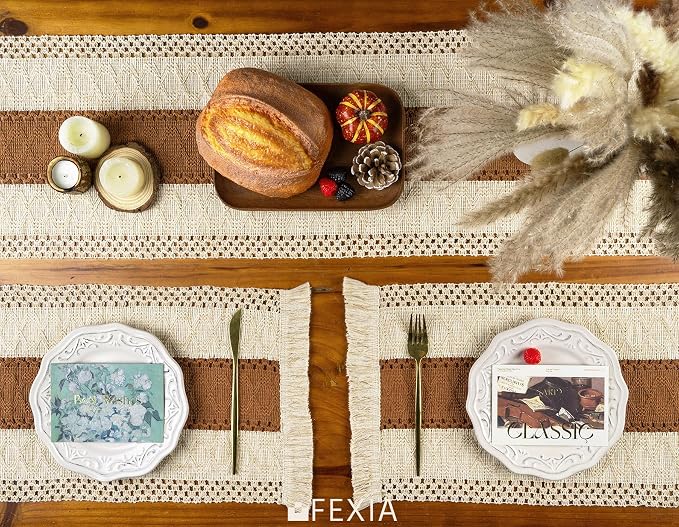 Boho Placemats Set of 4 Table Mats Farmhouse Dining Decor Caramel | 12x20" - Image 6