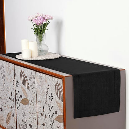 D'Moksha Homes Linen Black Table Runner 108 Inches Long - 100% Pure Linen 14 x 108 Inch Table Runner for Spring, Easter - Classic Hemstitch