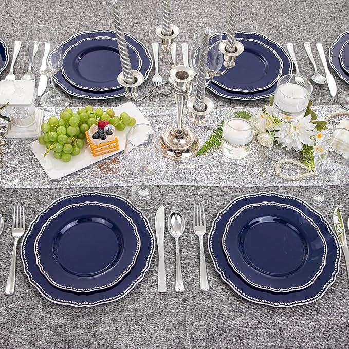 60 Pcs Blue Silver Dinner Plates - Image 5