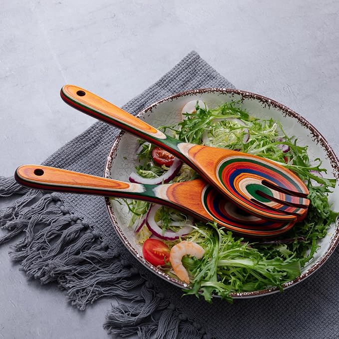 Pakkawood Salad Tongs, 10.5 inch wooden Spoons, Serving utenstil colorful wood - Image 3