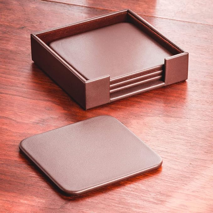 Chocolate Brown Genuine Leather 4" Round Coaster Set - Image 6
