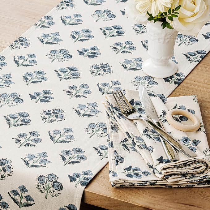 Block Print Floral Decorative Table Runners, 13x90 Inch Dusty Blue | 100% - Image 2