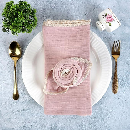 FINGERCRAFT Dinner Cloth Napkin Cotton Muslin Double Gauze 4 Pack with Classic Lace for Everyday Use, Wedding, Party, Christmas, Easter Napkins Cloth are Pre Shrunk and Good Absorbency Peach Wipe
