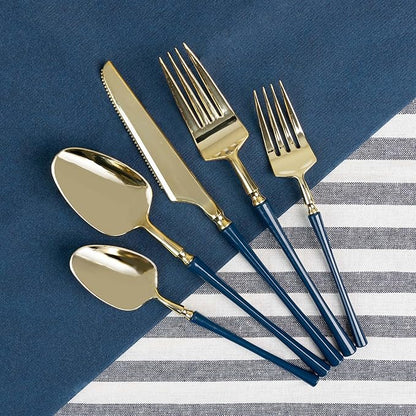 PlasticPro 20 Count Gold and Navy Plastic Salad Forks Premium Quality Heavy Duty Disposable Elegant Silverware Two Tone Salad Forks for Party