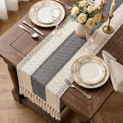 Boho Macrame Table Runner with Tassels 48in Grey Farmhouse Runner | Macrame - Image 2