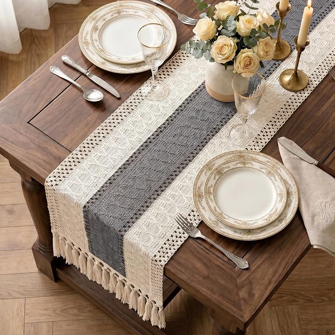 Boho Macrame Table Runner with Tassels Farmhouse Rustic Dining Woven Table - Image 2
