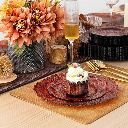 U-QE 60PCS Amber Plastic Plates - Clear Brown Plastic Plates Disposable Heavy Duty - Disposable Plates for Party Including 30PCS 10'' Dinner & 30PCS 7'' Dessert