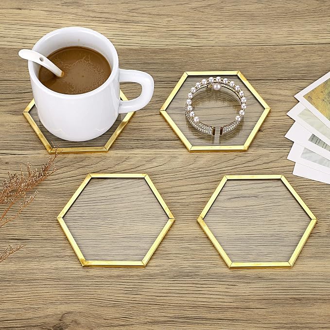 JUXYES Set of 7 Gold Brass Clear Glass Round Coaster - Image 5