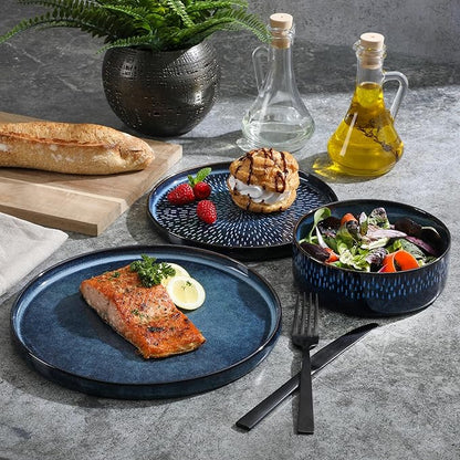 Gibson Elite 12 Piece Matisse Moderna Stoneware Reactive Glaze Plates and Bowls Dishes Dinnerware Set - Cobalt Blue