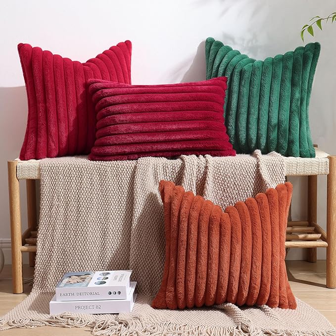 decorUhome Cozy Faux Fur Spring Throw Pillow Covers 16x16 Set of 2 Decorative Soft Plush Striped Modern Farmhouse Boho Couch Pillow Cases with Velvet Back for Sofa Bed Living Room, Red
