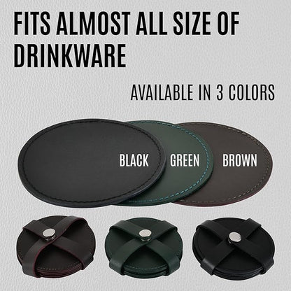 Genuine Leather, Premium Table Coasters by Leatherific, Round, 4 inch, Set of 6, with Holster, Handcrafted, Hand Made, Non Slip Drink Mats, Black (Onyx Black, 4")