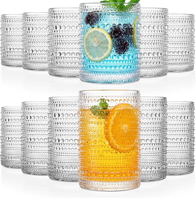 KMIGRUAN Hobnail Drinking Glasses Set of 12, 15Oz & 12Oz Cocktail Glasses | by KMIGRUAN